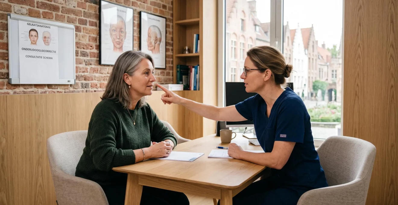 Chirurg bespreekt een ooglidcorrectie met een patiënte in een consultatiekamer.