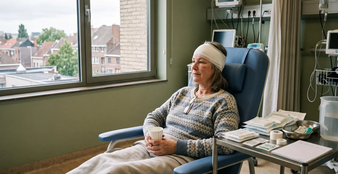 Vrouw rust na een gezichtsingreep in een Dagkliniek met lichte hoofdbandage.